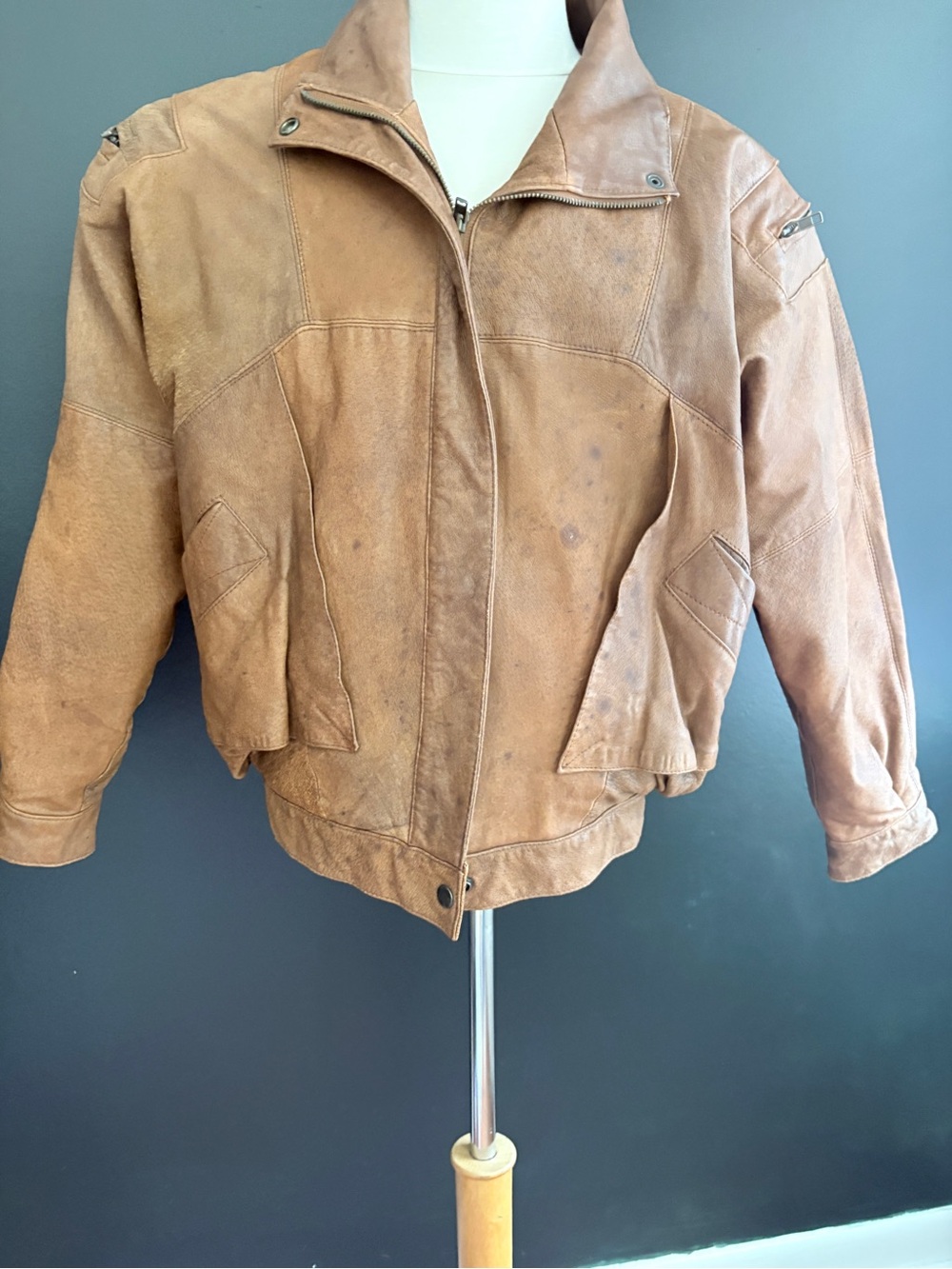 Anchor Blue Tan Genuine Leather Bomber Jacket Men’s  M Vintage Distressed